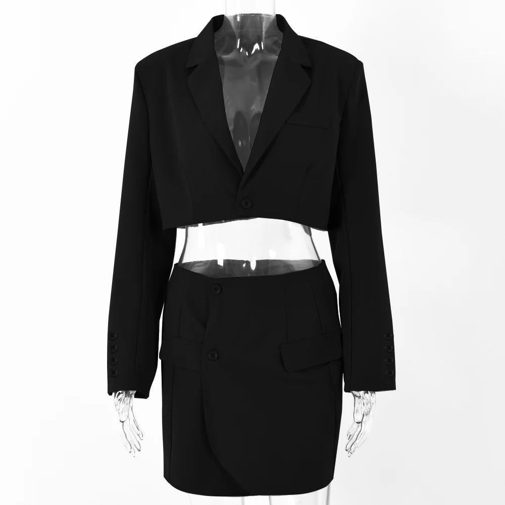 MQTIME - New Fashion Women Elegant Cottagecore Blazers Solid Colors Single Button Long Sleeve Short Blazers Sexy Mini Skirts Indie