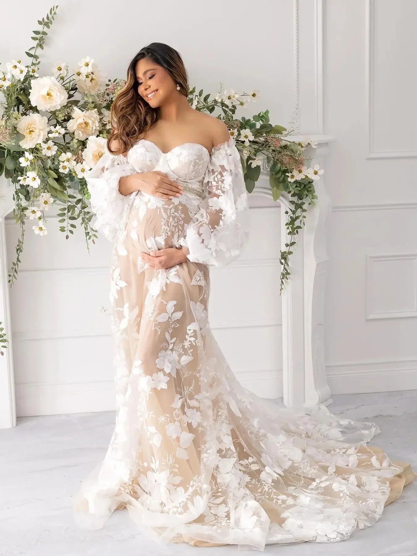 nvxiot - Bohemian Lace Maternity Evening Robes for Photo Shoot Fotos Gowns Long Sleeve Nightgown Baby Shower Dresses for Bride Party