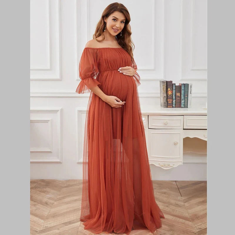 nvxiot - One Line Neck Maternity Ceremonial Dresses Short Sleeved Gauze Solid Color Long Pregant Dress Classic Cozy Photography Clothing