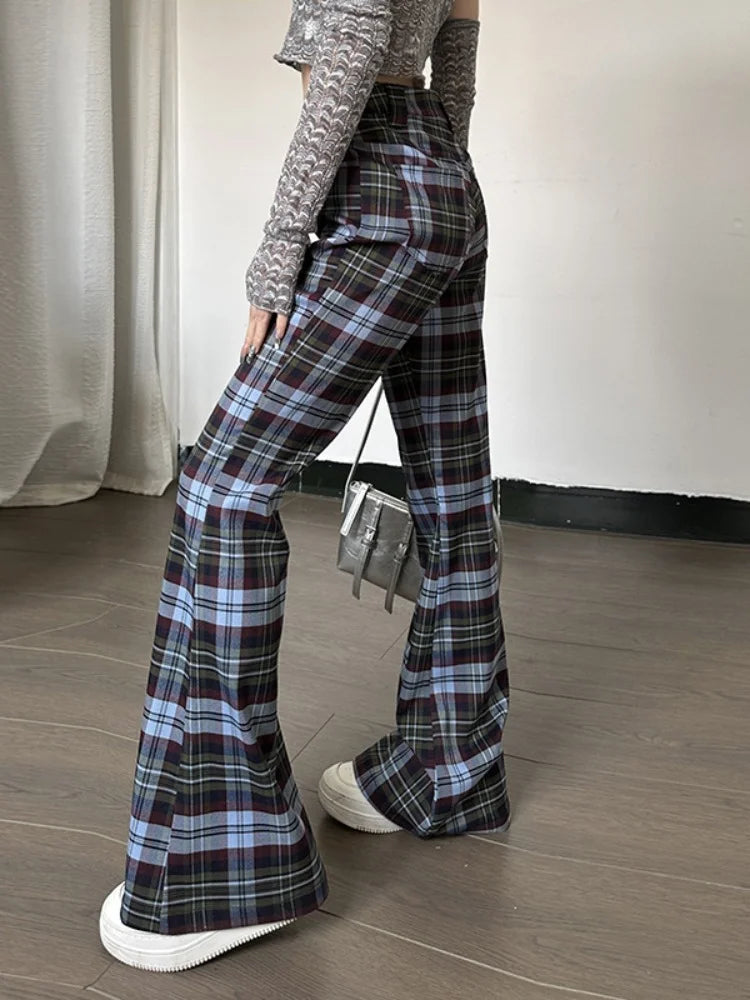 nvxiot - Y2k Flare Pants Women Gyaru Plaid Print Slim Fit Casual Straight Leg Pants Summer Clothes for Women Fashion Trousers