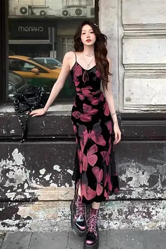nvxiot - Elegant Vintage Slim Print Midi Dresses for Women Sleeveless Spaghetti Strap Red Butterfly Fashion Women's Clothing Summer 2024