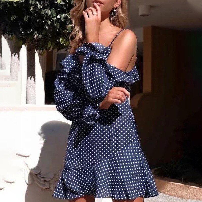 nvxiot New Fashion Polka Dot Printed Sling Off The Shoulder Long Sleeve V-Neck Ruffles Backless Mini Dress Women Clothing