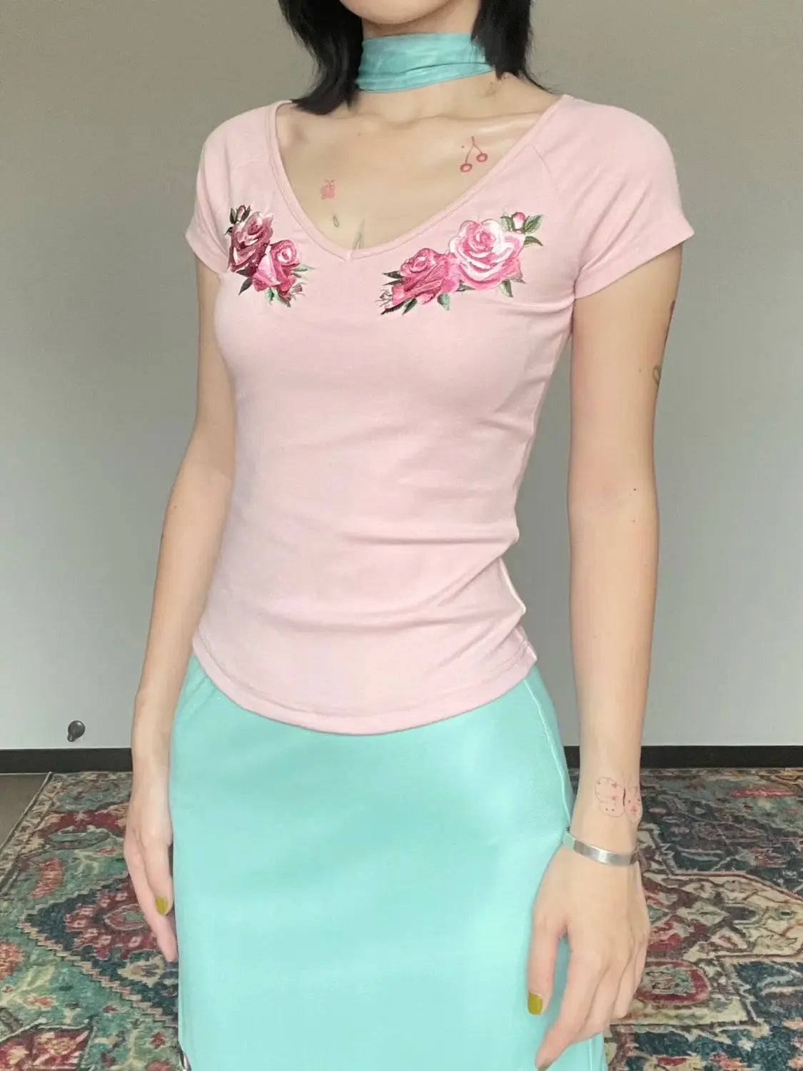 MQTIME - Two Piece Set,women suit crop top and skirt suits,flower print v-neck t-shirt fairycore 00s aesthetic skirts set y2k cute tshirt