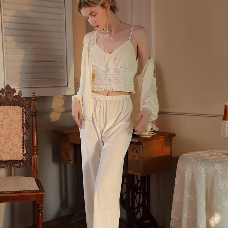 MQTIME - Women Long Sleeve Pajamas Sexy Lingerie White Velour Nightwear Sleepwear 3pcs Pajama Sets Pijama