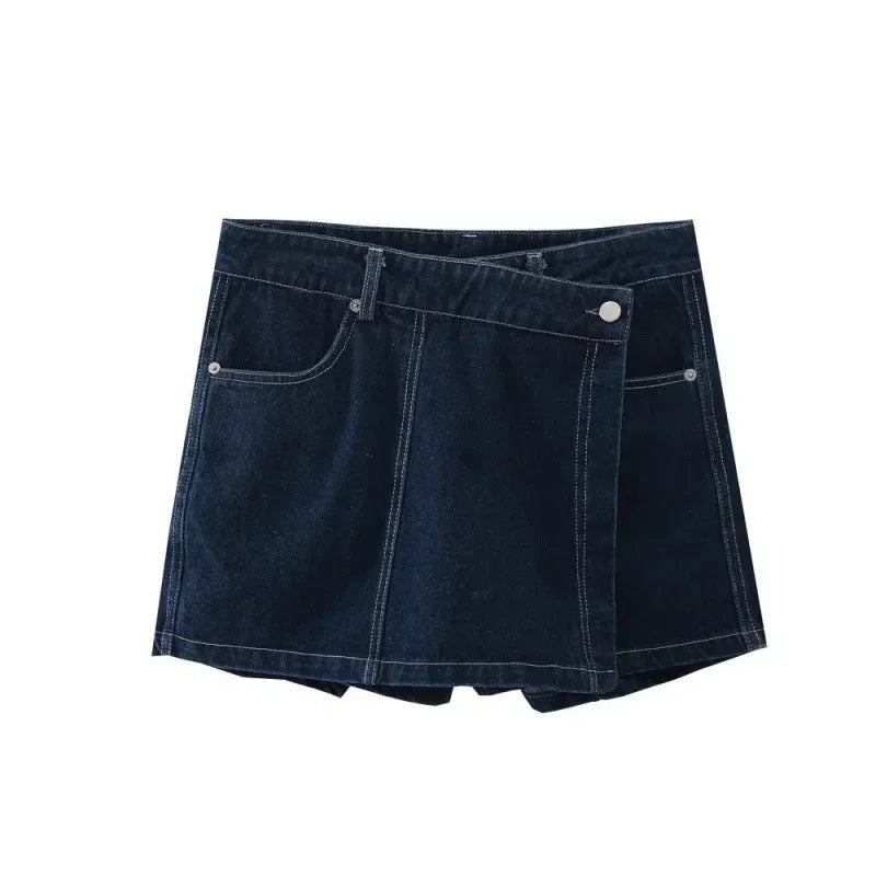 MQTIME - Denim Crop Coat Skirt Shorts 2 Piece Sets Women Fashion V-neck Short Sleeve Pocket Coats High Waist Short Summer Lady Streetwear