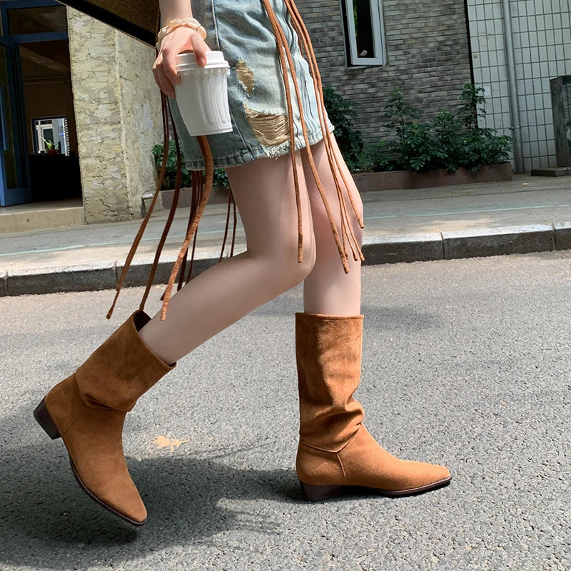 MQTIME - new Autumn winter women mid-calf boots plus size 22-26.5cm Elastic fabric+ cowhide Elastic boots pointed toe modern boots