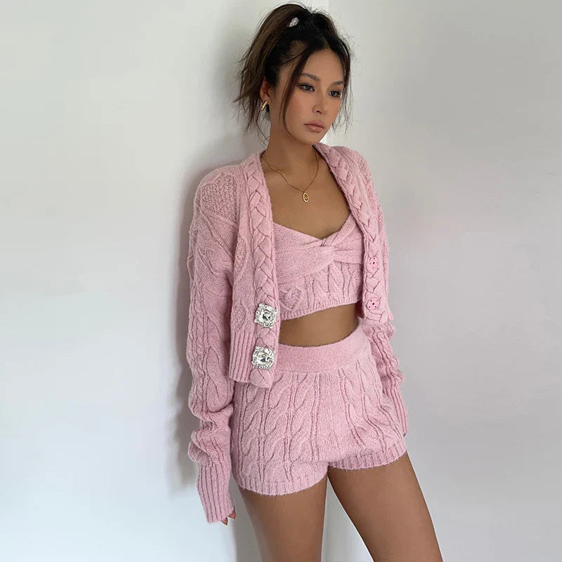 MQTIME - Two Pieces Set, 3 Piece Set, Solid Outfit Button Crystal Rhinestone Sweater Coat Crop Top, Elastic Waistband Short Tracksuit y2k