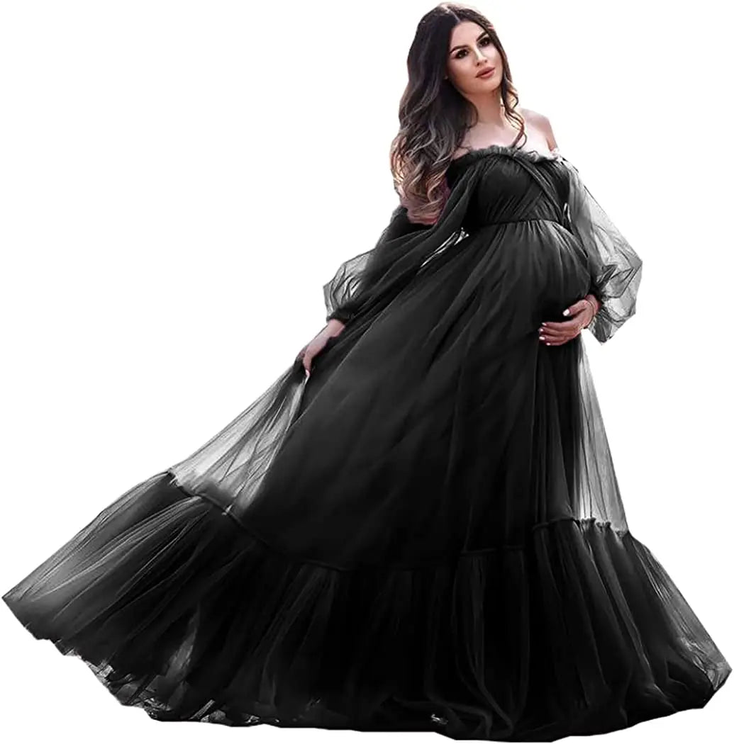 nvxiot - Puffy Sleeve Maternity Dress Tulle Robe With Underskirt for Photoshoot Off Shoulder Pregnancy Baby Shower Gown
