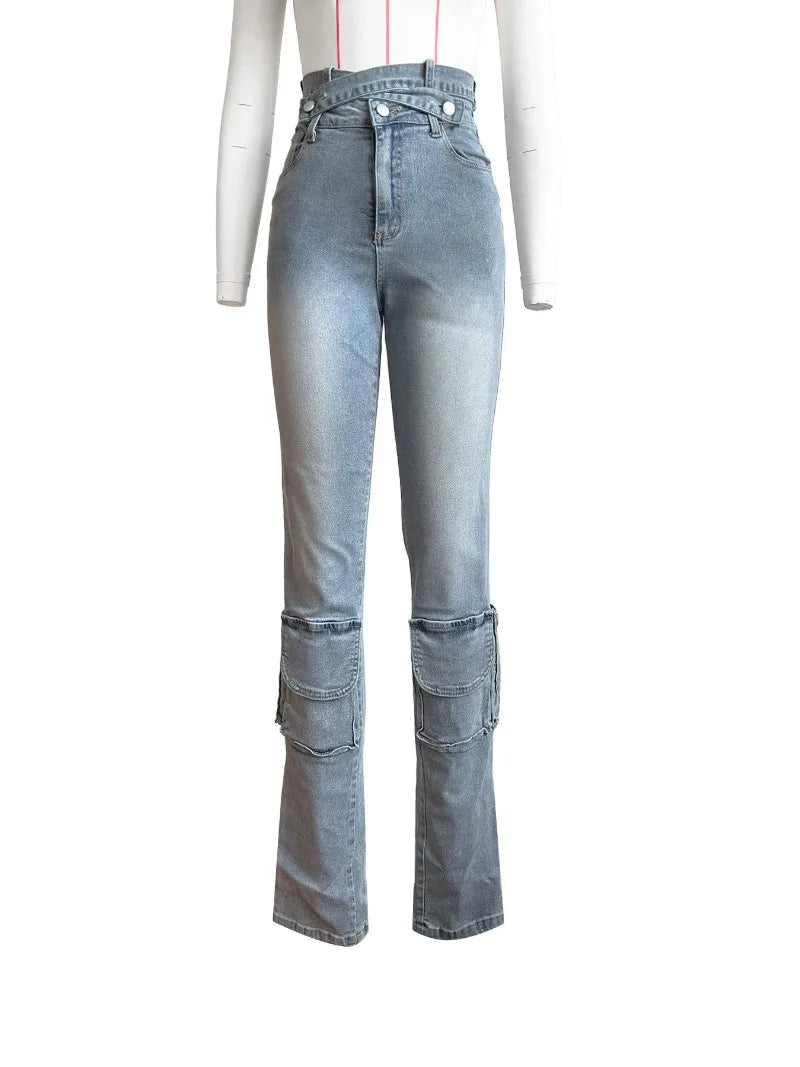 nvxiot - Multi Pockets Women Denim Cargo Pants High Stretch Cross Straps Button Fly Slim Casual Streetwear Jeans Trousers All Match
