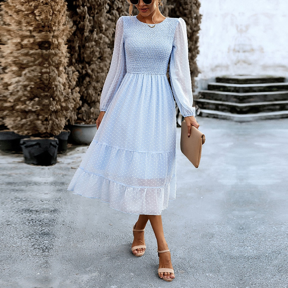nvxiot Jacquard Dress New Women Autumn O Neck Lantern Sleeve Elegant Solid Color Long Dress For Fashion
