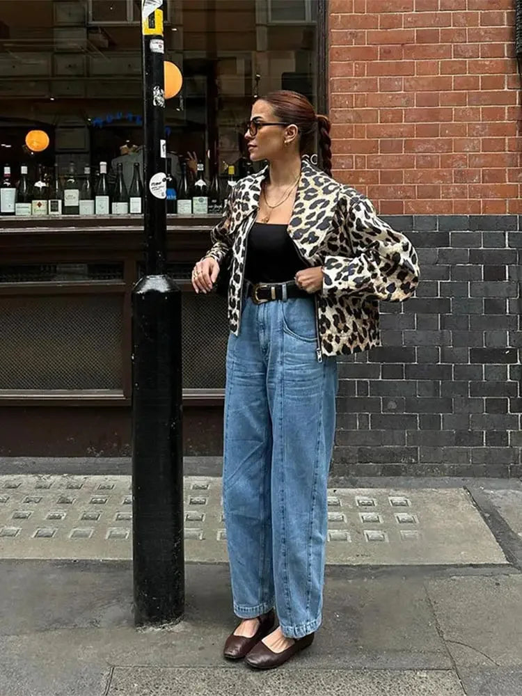 MQTIME - Women Casual Leopard Print Bomber Jacket Elegant Lapel Long Sleeves Zipper Pockets Loose Coat 2024 Autumn Lady High Streetwewar