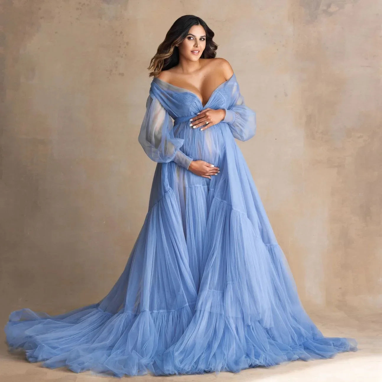 nvxiot Fluffy Blue Ruffle Tulle Maternity Dress for Photoshoot Off Shoulder Pregnancy Photography Dress Maternity Gown Robes with Sash