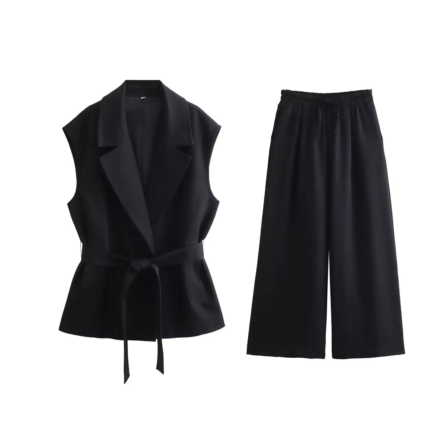 MQTIME - Elegant Women Vest Suit Lapel Sleeveless Vests Pocket Belt Slim Casual Coat+Vintage Drawstring Folds Slim Long Pant
