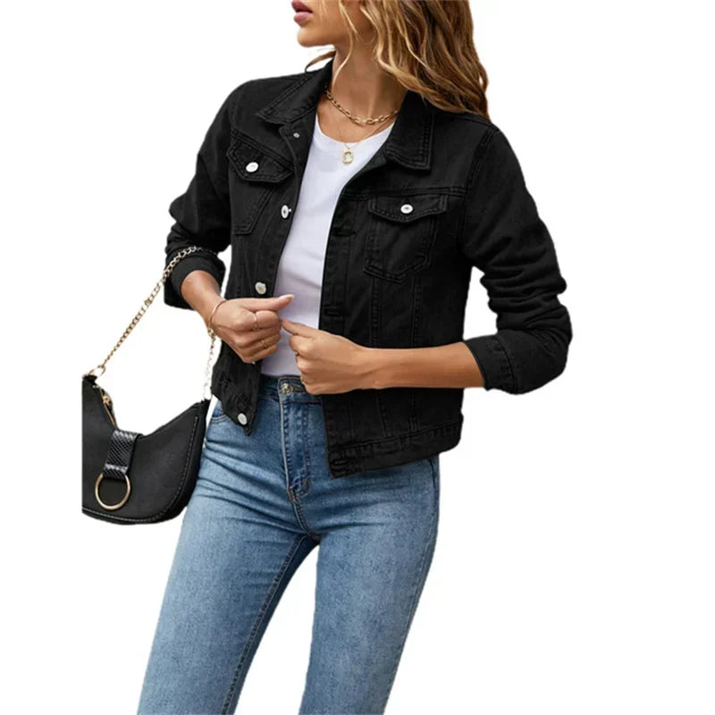 MQTIME - 2024 New Women Short Denim Jackets Fashion Female Casual Long Sleeve Lapel Solid Button Pocket Slim Jean Jacket Fall Winter Coat
