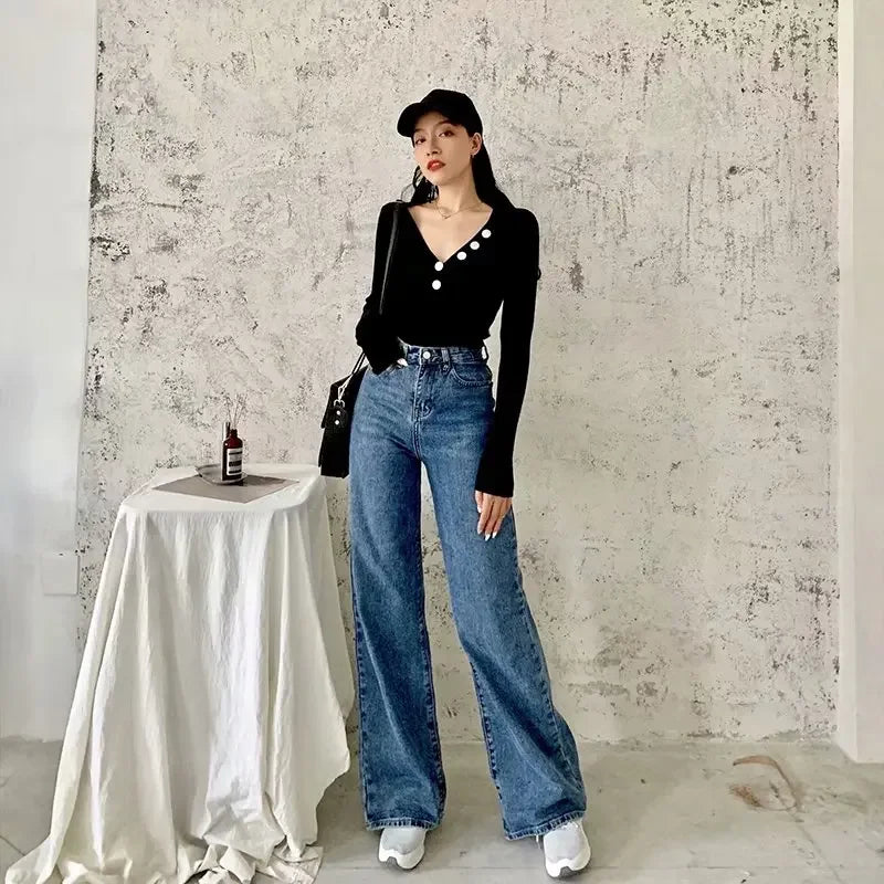 nvxiot - High Waist Solid Color Wide Leg Jeans Spring Autumn New Retro Style Women Street Style Classic Slim Pants Lady Straight Denim
