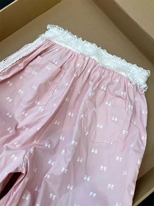 MQTIME - Summer Thin Pants White Lace Drawstring Elastic Waistband Bow Print Jogger Pant Women 2024 tracksuit korean woman clothing y2k