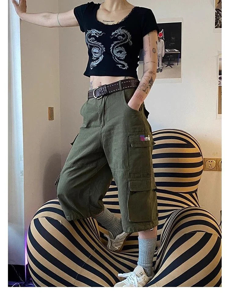 MQTIME - Women's Multi Pocket Neutral Cargo Cropped Pants Summer New Street Style Thin Shorts Casual Female Straight Wide Leg Trousers