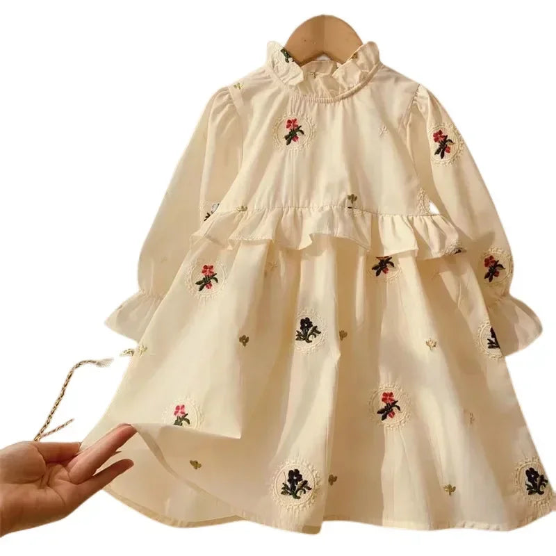 MQTIME - Girls Dress Autumn Girls Princess Dress New Spring Children Kids Baby Embroidery Ruffle Long Sleeve Dresses Vestidos 2-8Yrs