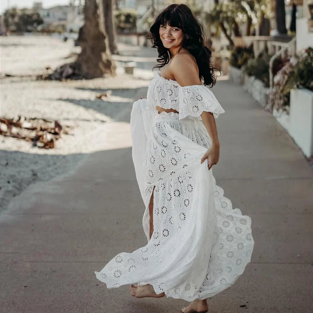 nvxiot - Photography Dress For Women White Hollow Cotton One Shoulder Sexy Bohemian Photoshoot Dress Maternity Dresses For Baby Showers