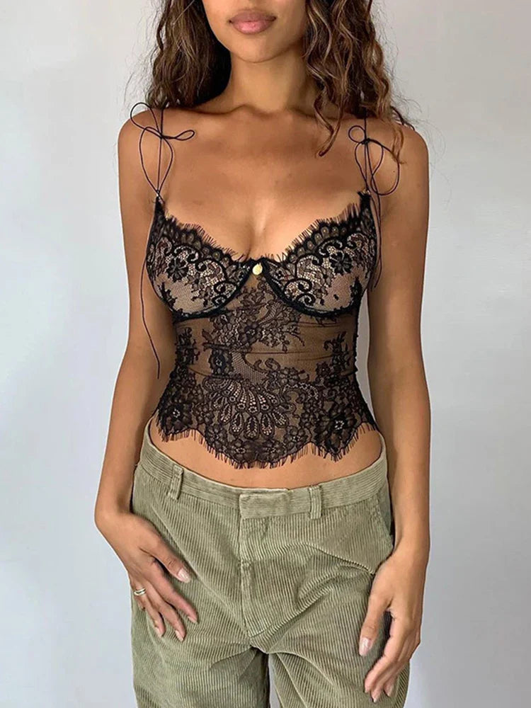 MQTIME - Women Summer Sexy Solid Black Lace Camis Crop Tops Sleeveless Bodycon Slim Fit Tube Tank Tops For Female