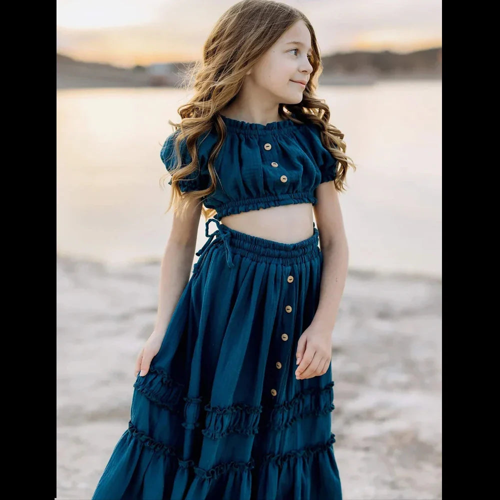 MQTIME - 9-13 Year Old Girl Linen Cotton Two-Piece set Bohemian Dress For Parent-Child Wear Photo Shoot Photography Dress For Girl