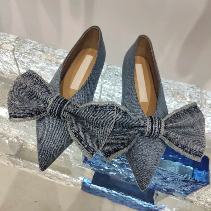 nvxiot - New Designer Blue jeans bow flat shoes woman cloth patchwork flats sewing Pointed large bow denim loafers for women