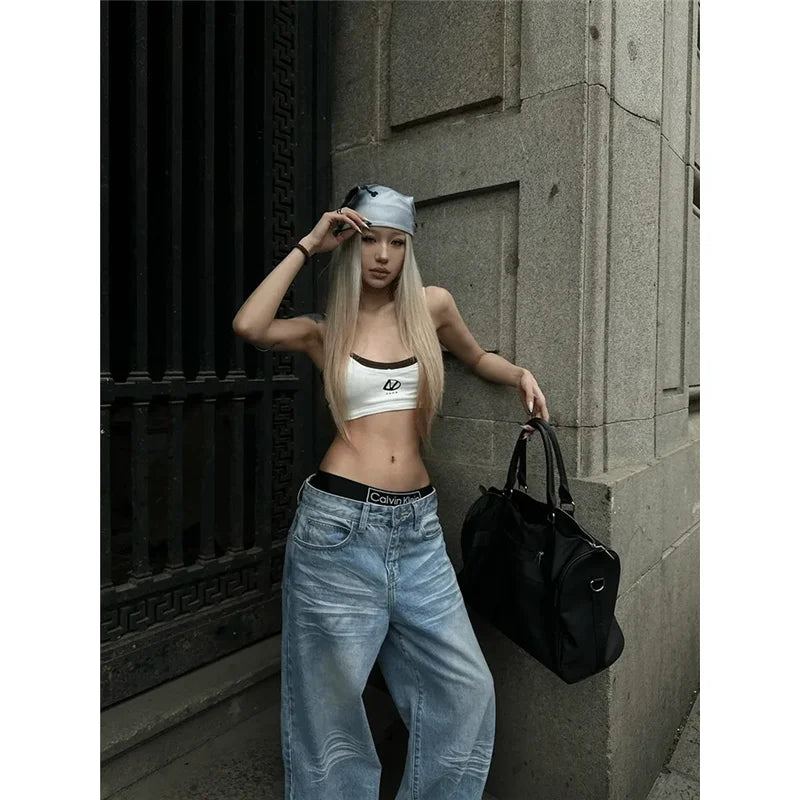 MQTIME - Blue Women Jeans High Waist Fashion American Vintage Streetwear Y2K Casual Wide Leg Jean Female Denim Trouser Baggy Denim Pants