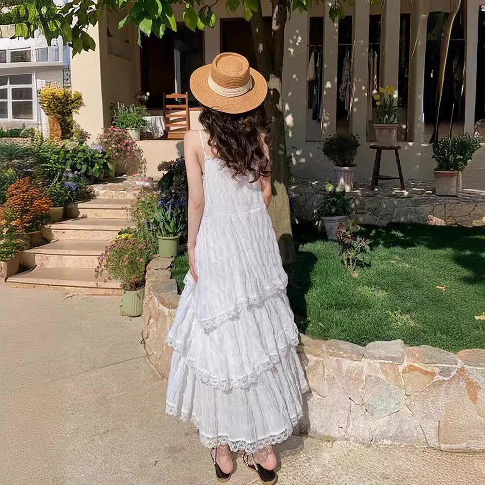 MQTIME - Fairy White Dress Seaside Vacation Beach Dress Premium French Long Halter Summer Loose Dress