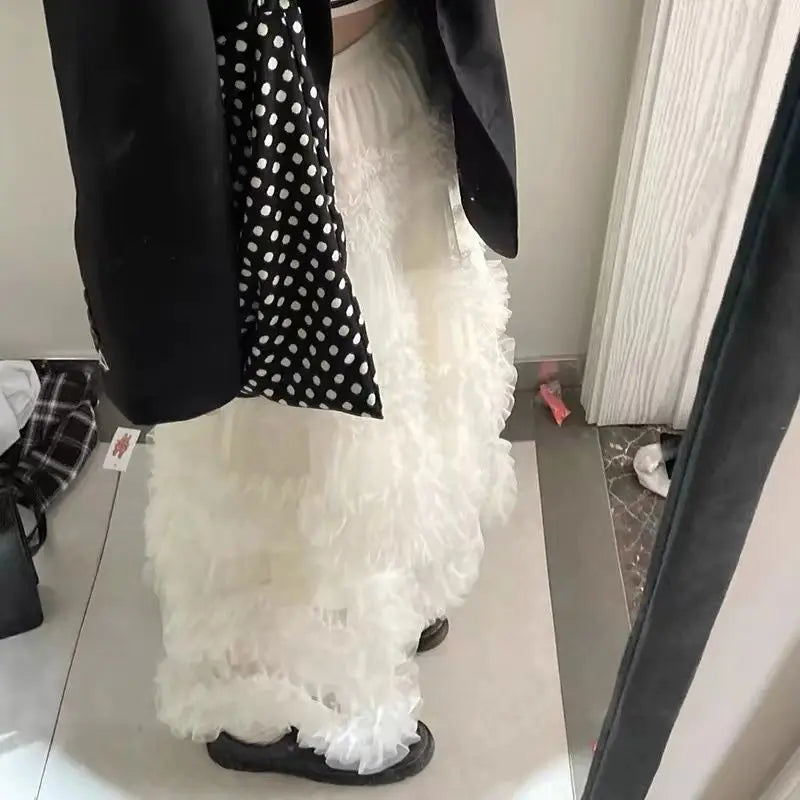 MQTIME - Japanese Sweet Fluffy Cake Gauze White Skirt Summer Versatile Fairy Loose Meat Covering High Waist Slim Long Skirts for Women