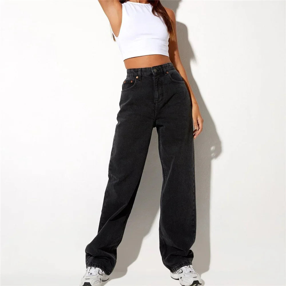 nvxiot High waist jeans woman korean fashion mom baggy jeans straight leg jeans black loose denim trousers streetwear