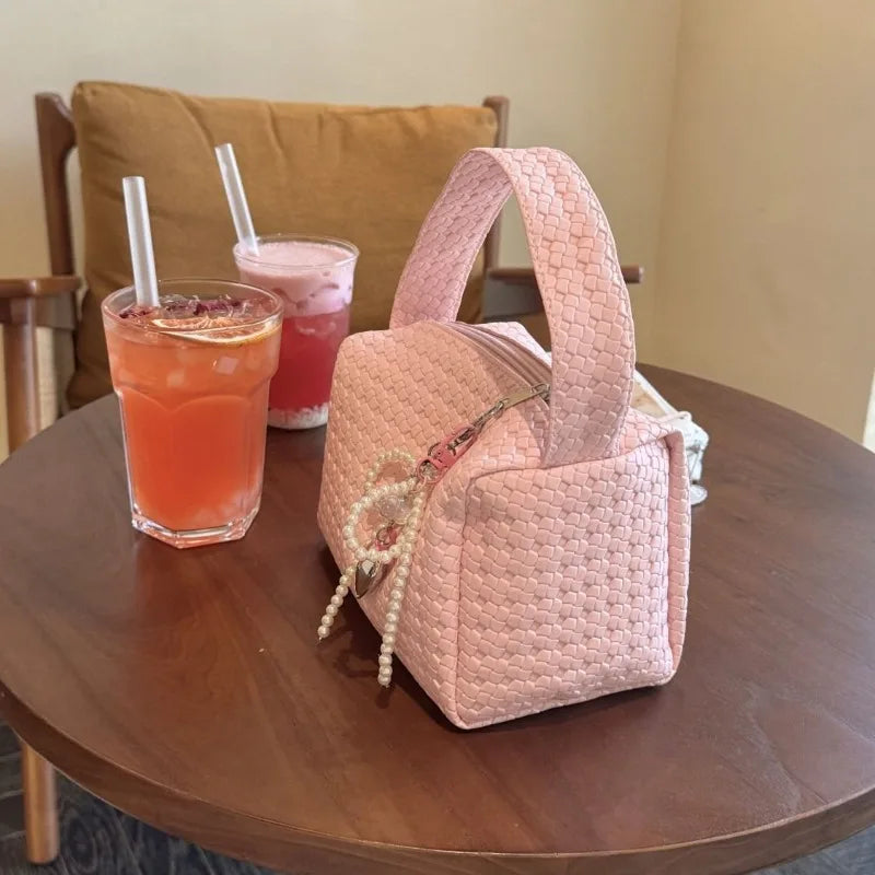 nvxiot - Pink Sweet Handbags for Women Weave Pattern Pu Leather Cosmetic Bag Portable Fashion Small Cute Elegant Ladies New in Bag