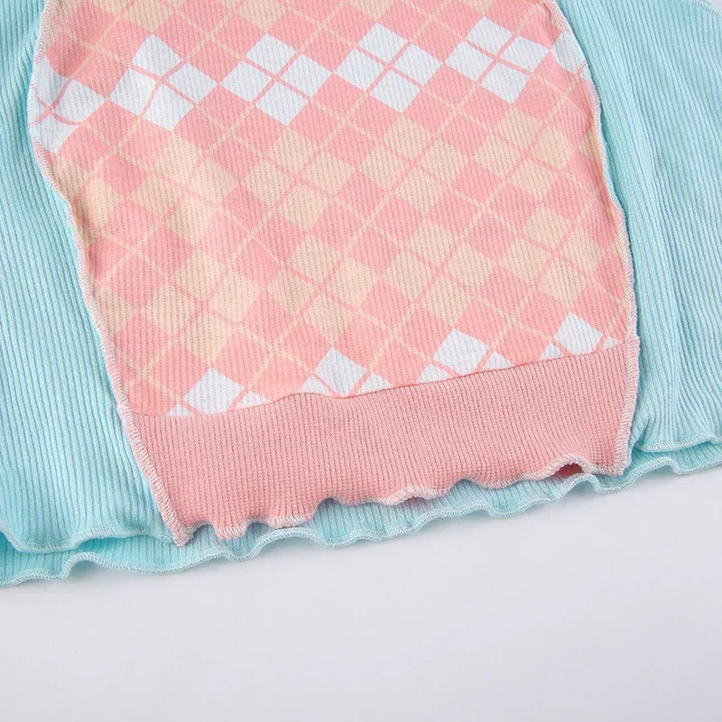MQTIME - Macaron Patchwork Plaid Cami Top with Gloves Sweet Cute Sleeveless Slash Neck Crop Top Women 2024 Fashion Tank Tops Y2K Autumn