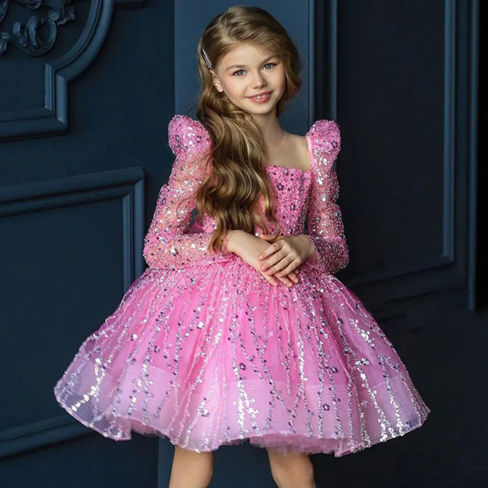 MQTIME - Sparkly Arabic Girl Dress Beading Purple Baby Kids Princess Birthday Wedding Party Children Holiday Gown 2024 J204