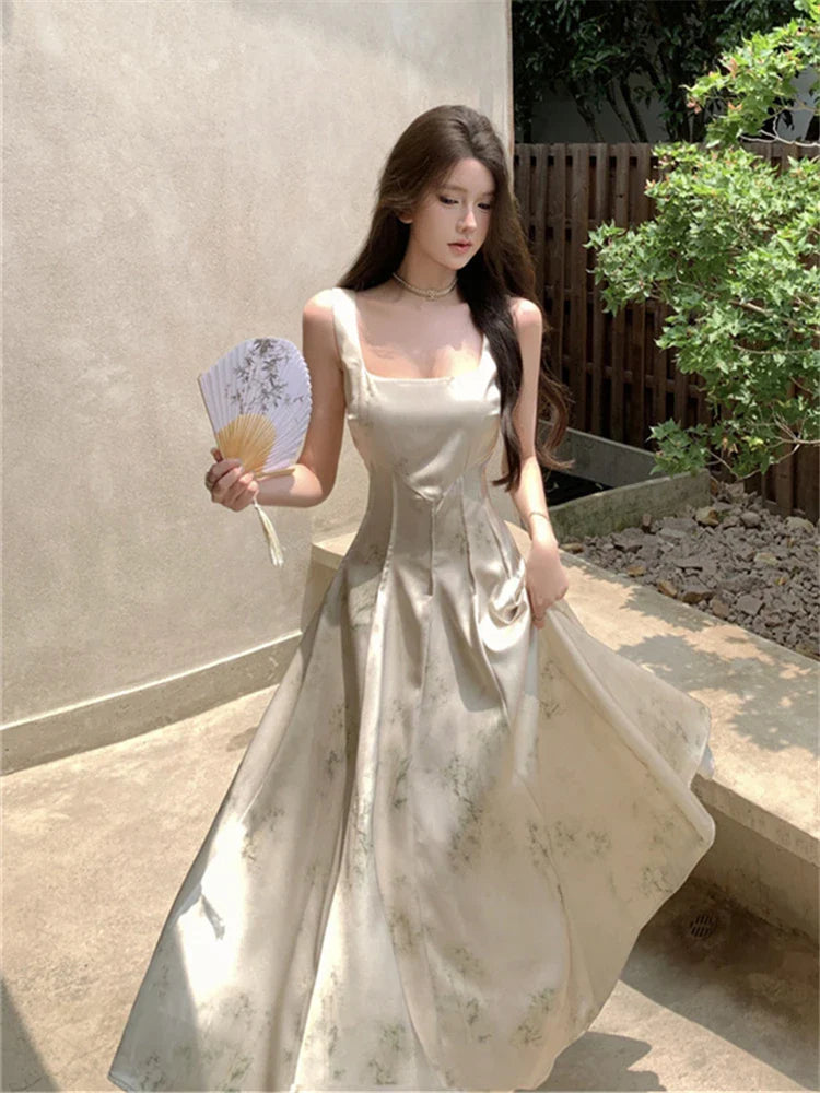 nvxiot - New Elegant Satin Sling Dress for Women Summer 2024 Sleeveless Spaghetti Strap Square Neck Slim Vintage Female Print Dresses