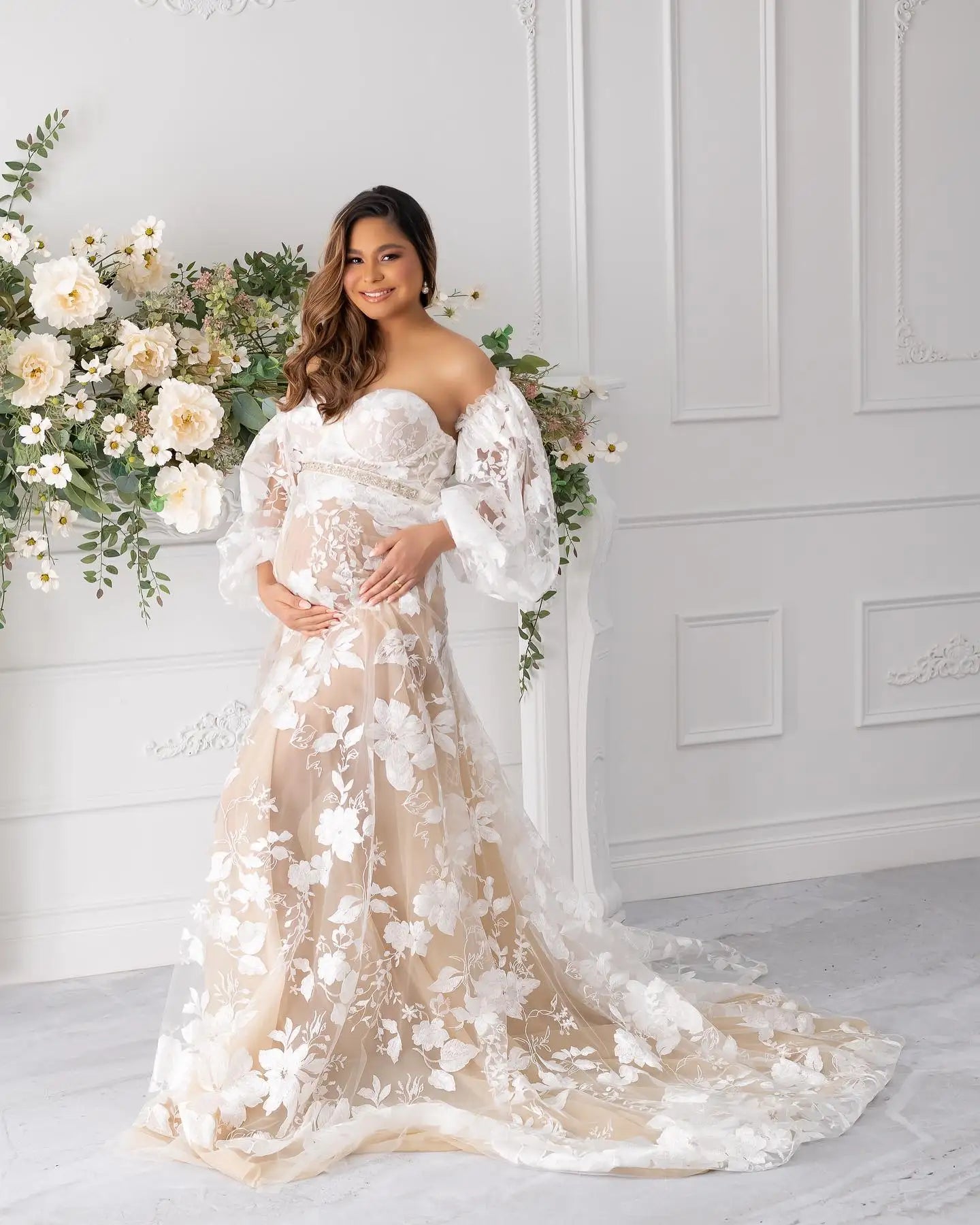 nvxiot - Bohemian Lace Maternity Evening Robes for Photo Shoot Fotos Gowns Long Sleeve Nightgown Baby Shower Dresses for Bride Party