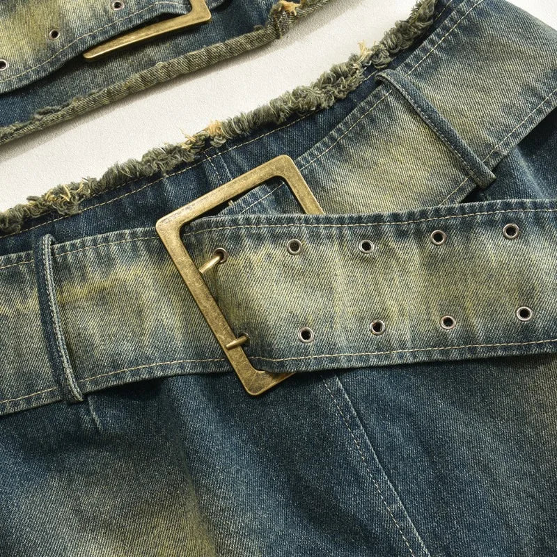 nvxiot - Women Sexy Denim Tassel 2 Piece Set Grommet Buckle Belt Strapless Crop Tops + Mini Skirts High Stretch Streetwear Jeans Suits
