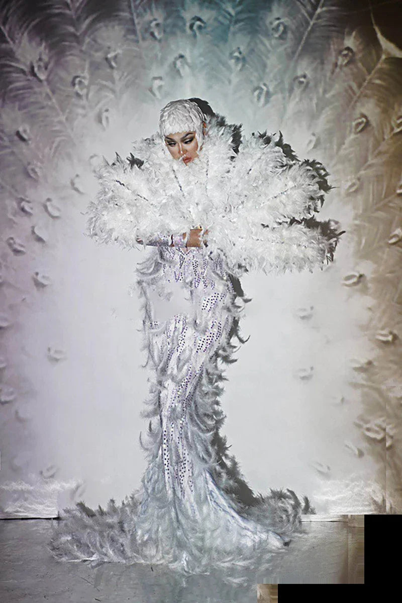 nvxiot - Maternity Photography Dress Rhinestone High Elastic Fabric Stitched Gauze Feather Skirt Sexy Maternity Dress For Photo Shooting