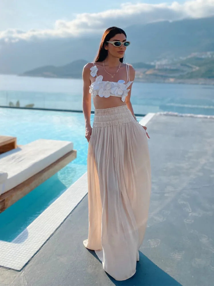 MQTIME - Summer New Fashion Sexy Solid 3D Flower Lace Up Crop Top Women's Casual Backless Sleeveless Halter Camisole Mujer