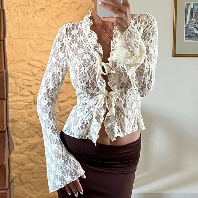 MQTIME - Elegant Sexy Blouse Tees Coquette Floral Lace Sheer T-shirt Front Ruffles Tie Up Crop Tops Women Vacation Cover-ups Y2k Fairy