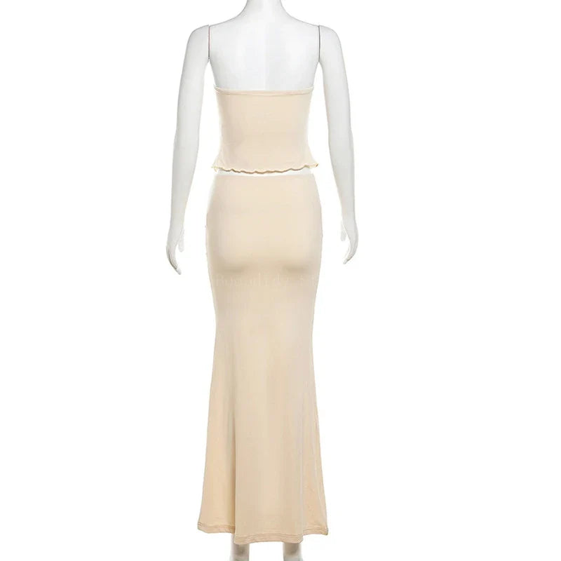 nvxiot - Maternity Irregular Ruffle Edge Strapless Backless Bodycon Dress Breast-wiping Skirt