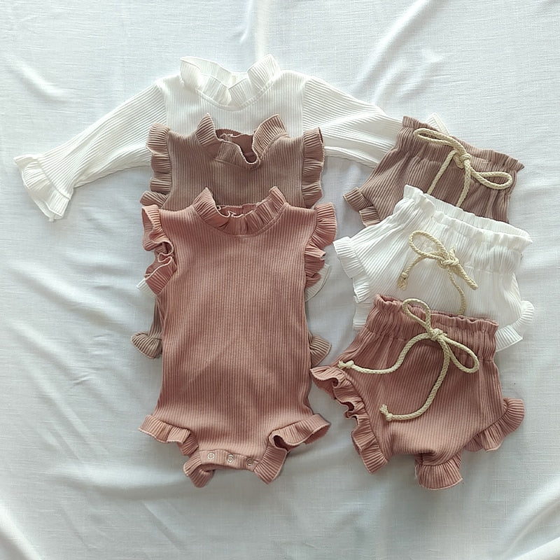 nvxiot 2Pcs Infant Baby Girl Clothes Set Waffle Cotton Ruffle Newborn Vest Romper Tops Bloomer Shorts Suit Baby Summer Outfits Clothing