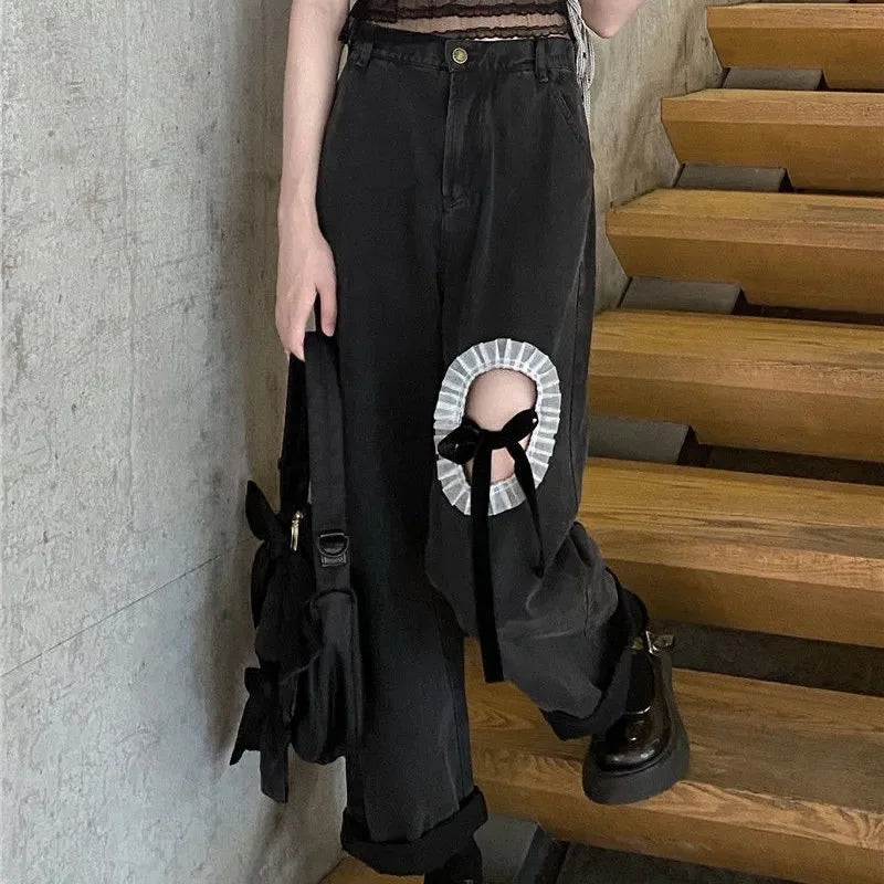nvxiot Ripped jeans women's high waist wide leg pants summer new design sense bow Spice girl straight casual floor moping pants