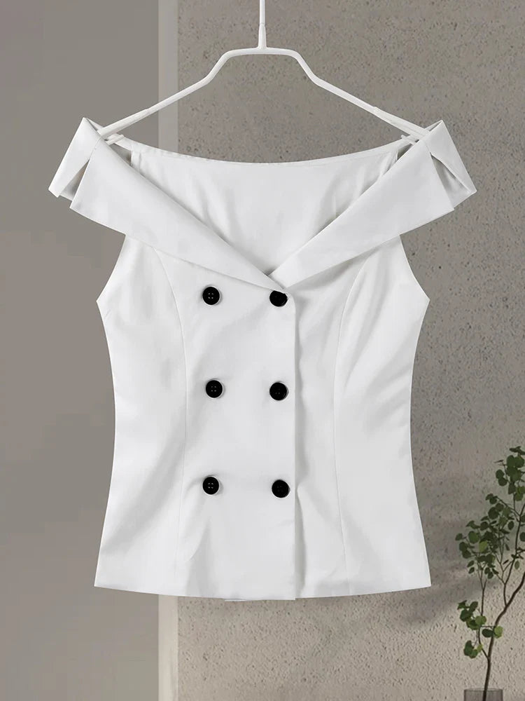 MQTIME - Elegant Off Shoulder Vest Women Chic Sleeveless Double Breasted Y2k Slim Female Waistcoat 2024 Summer Fashion Lady Streetwear