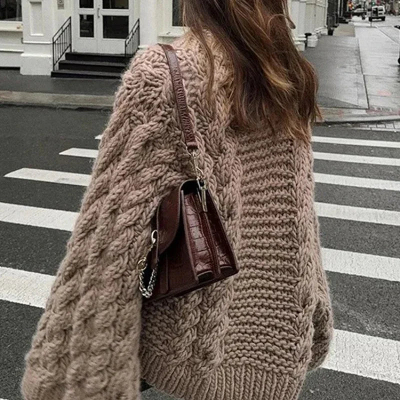 MQTIME - Vintage Knitted Sweater Women Elegant Casual Oversize Pullover Long Sleeve Autumn Winter Solid Lady Twist Sweater Loose