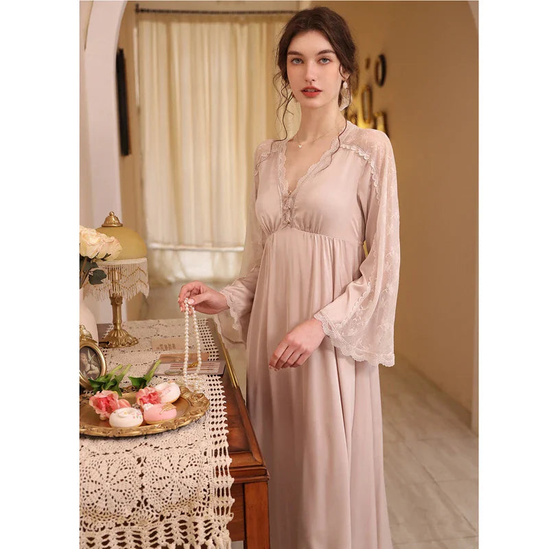 nvxiot - V-neck Long Sleeved Maternity Dresses Ice Silk Sweet Long Knee Sexy Pregnant Women's Sleeping Dress Soft Cozy Gravida Clothing