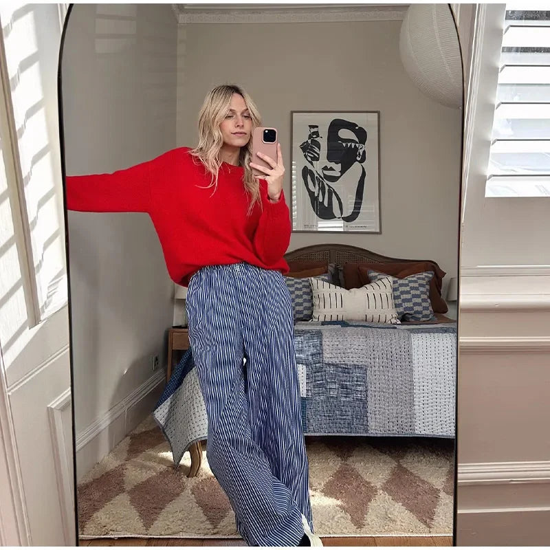 nvxiot Fashion Red Round Collar Knitted Sweater For Women Autumn Loose Knitted Pullover Female High Street Long Sleeve Lady Chic Jumper