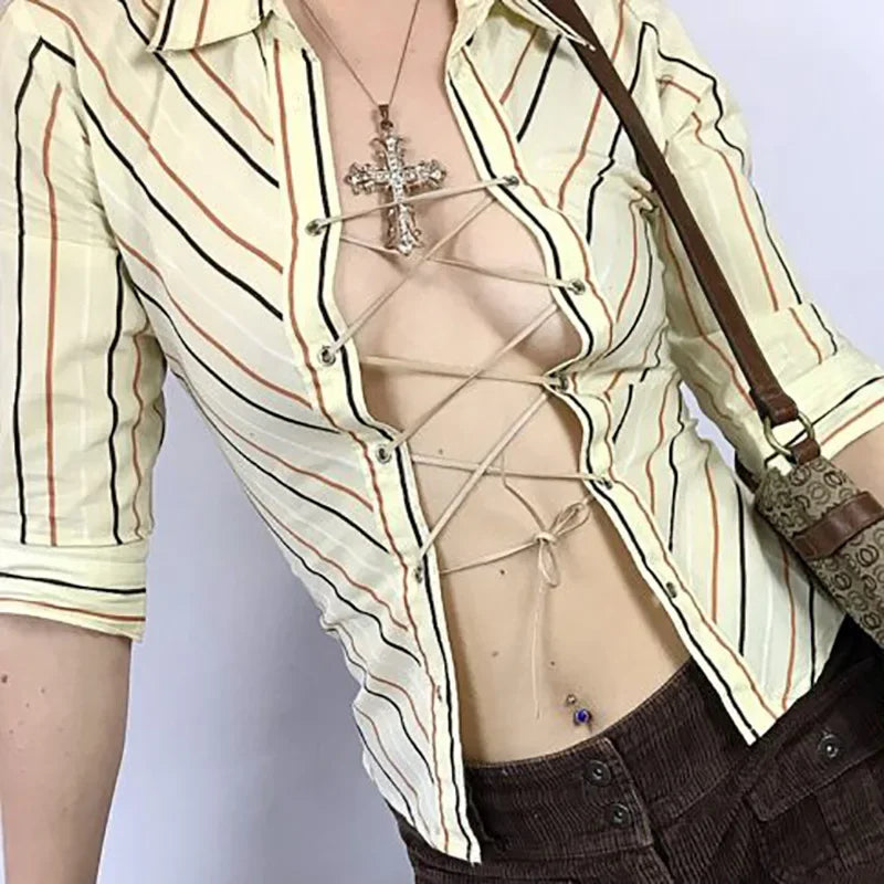 MQTIME - 90s Aesthetics Striped Printing Tie Up Top Y2K Fashion Turn-down Collar Long Sleeve Shirts Vintage Bandage T-shirts Sexy 2024