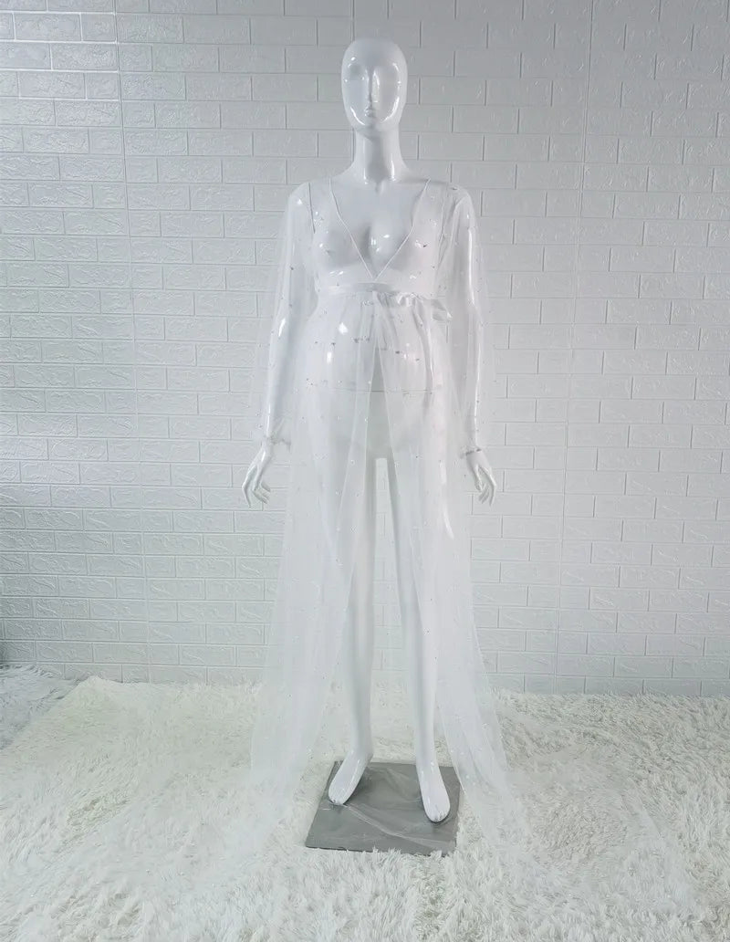 nvxiot - Mesh Beaded Maternity Photography Dress Lantern Sleeves Cardigan Sexy Perspective Pregnant SwimwearThin Breathable Gravida Shirt