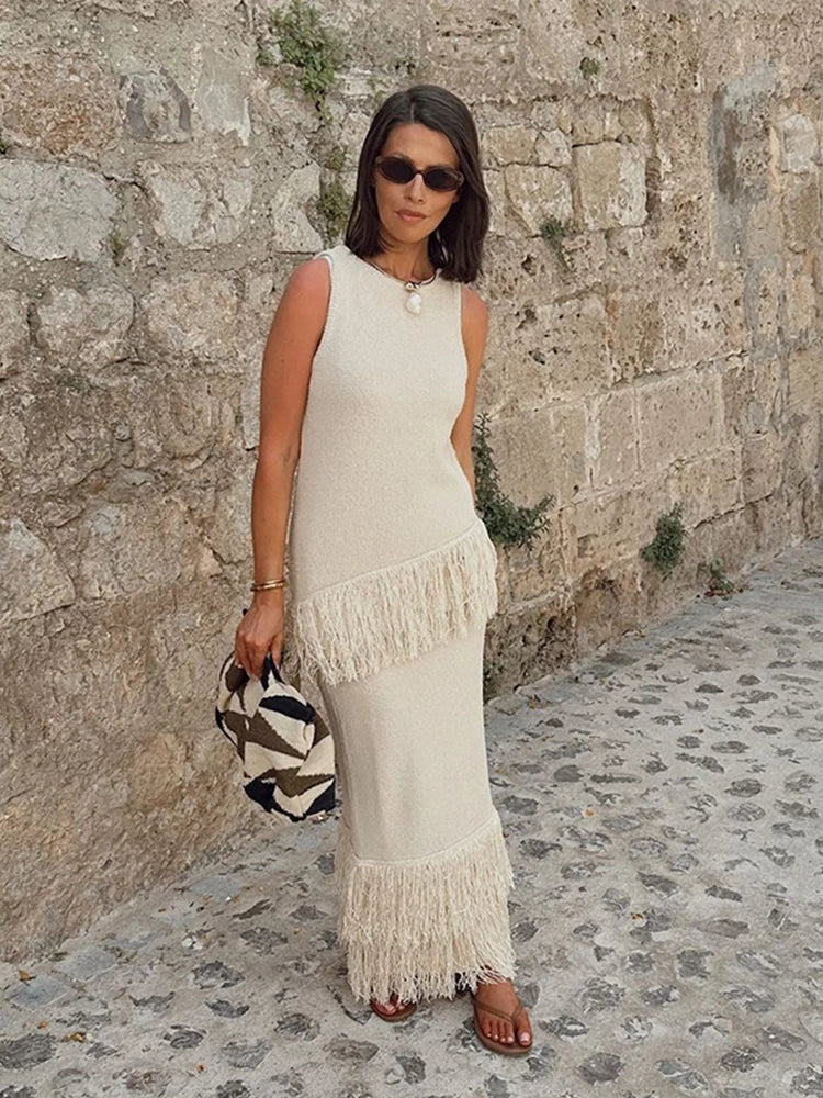 MQTIME - Elegant Solid Fringe Women Skirt Suits O-neck Sleeveless Vest High Waist Wrap Hip Skirts 2024 Summer New Fashion Female Sets