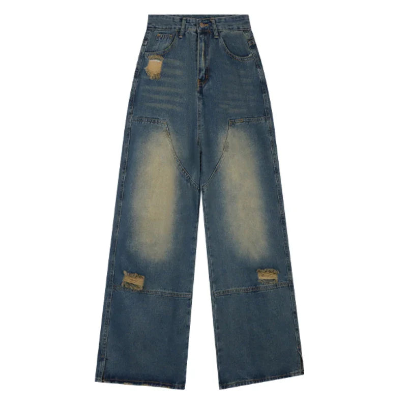 nvxiot Vintage Y2K Distressed Hole All Match Washed Jeans Women Summer New High Waist Bleached Loose Casual Wide Leg Pants